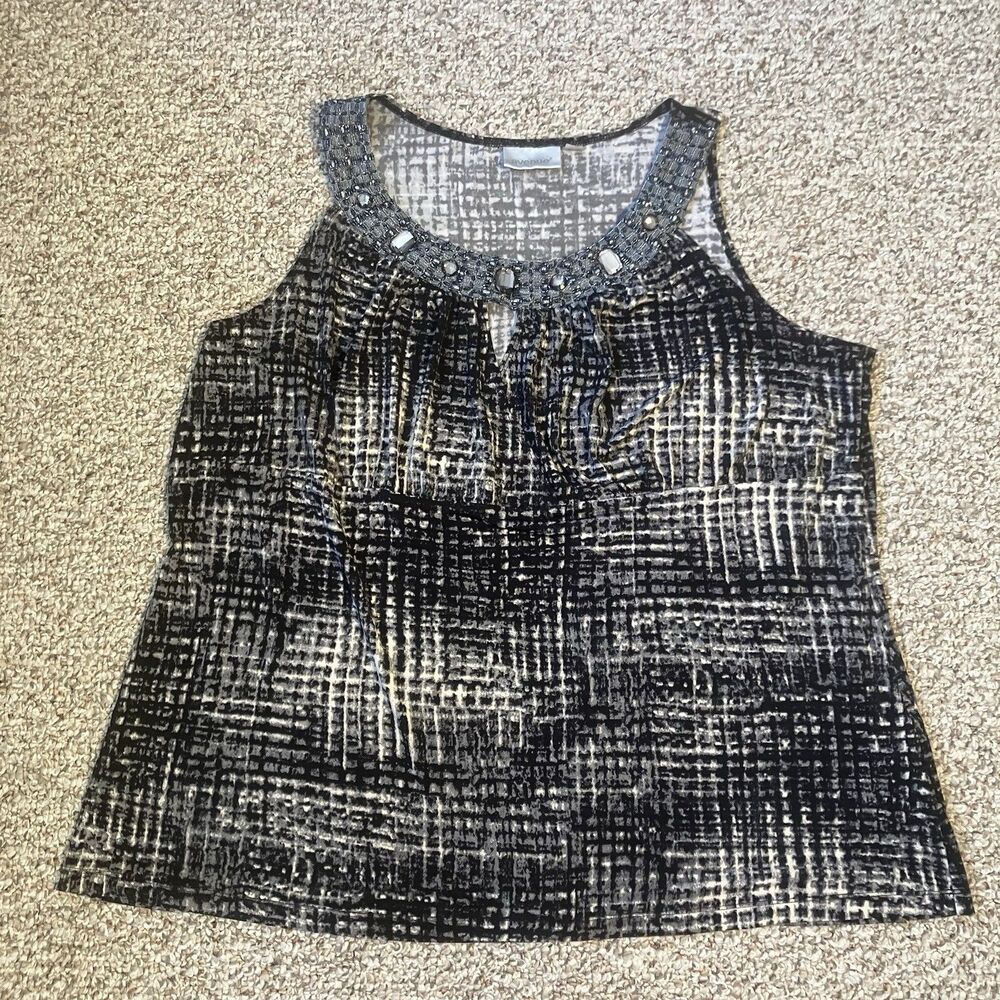 Avenue Womens Beaded Tank Top Plus Size 22-24 Sleeveless Black White Stretch Jwl